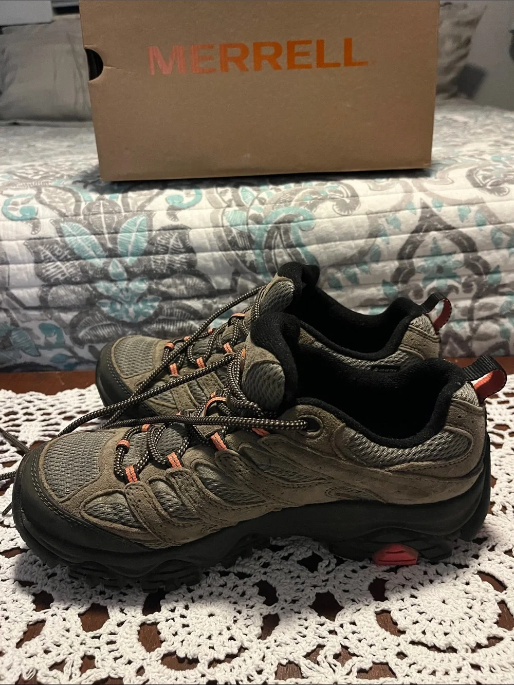 Merrell Moab 3 GTX Trail Shoes in Olive with Orange Accents